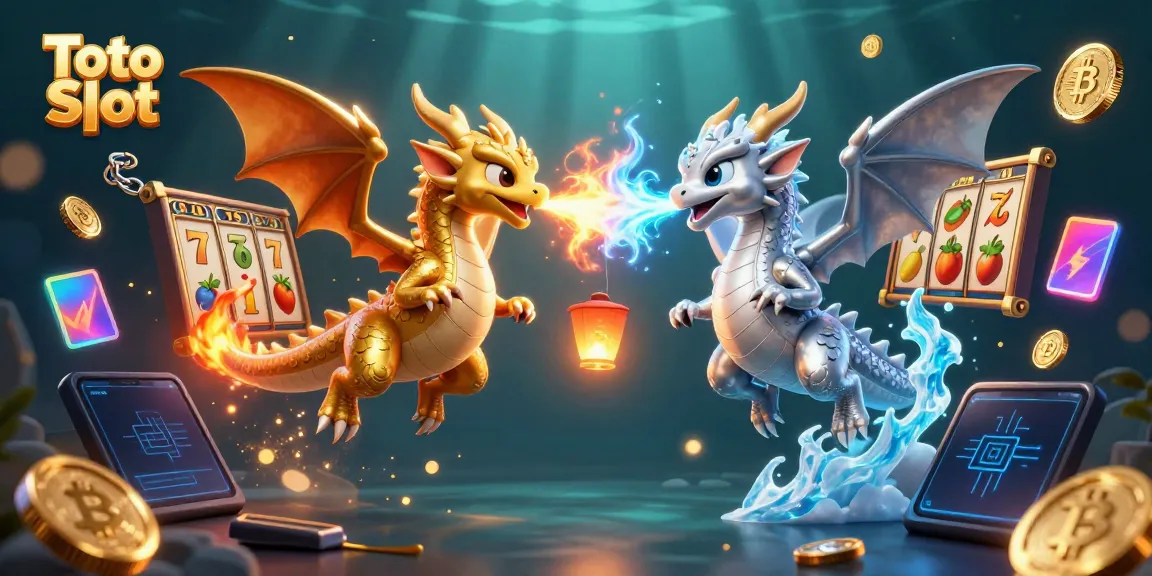 Menyemarakkan Toto Slot dengan slot gulungan, simbol buah, dan dua naga 3D berwarna emas dan perak di tengah permainan