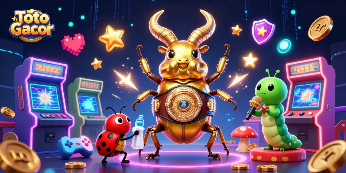 Toto Gacor memainkan slot dengan karakter menarik dan mesin slot yang berkilau di latar belakang.