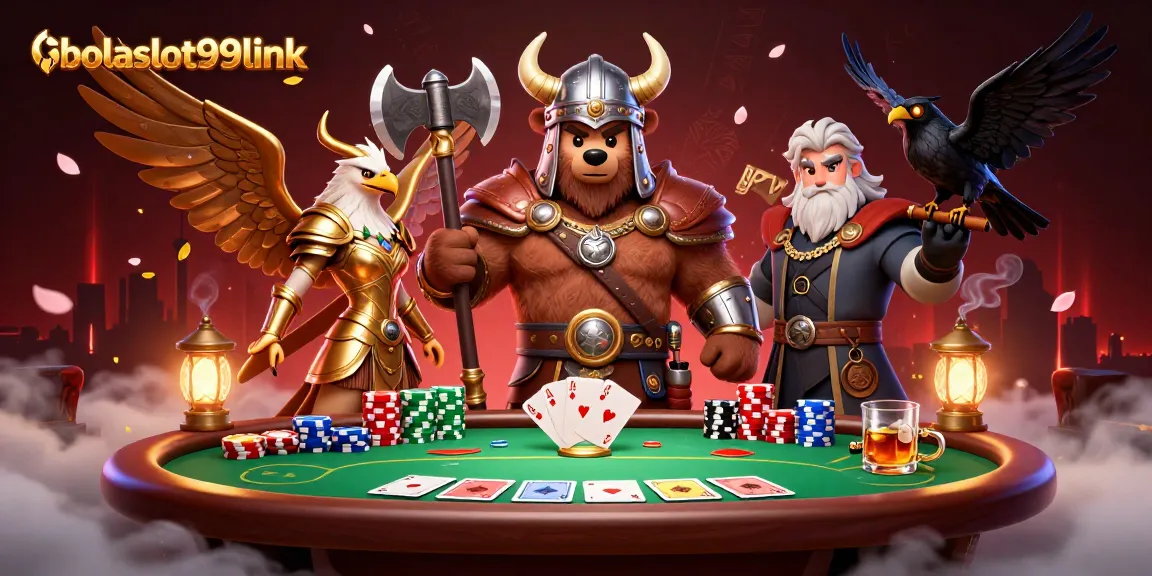 Experience the excitement at bolaslot99link with Viking and Valkyrie characters in a dynamic poker scene.