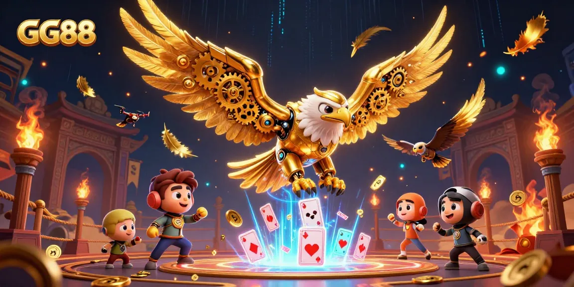 Experience the dazzling GG88 casino world with a 3D cybernetic eagle amidst vibrant gaming elements.