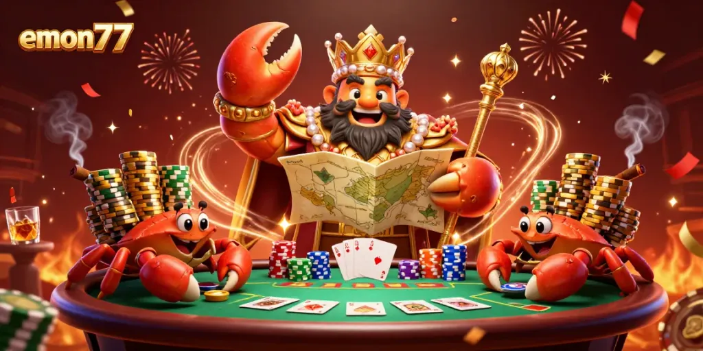 Engage in the vibrant world of emon77 with a golden crab emperor amidst a dynamic casino scene.