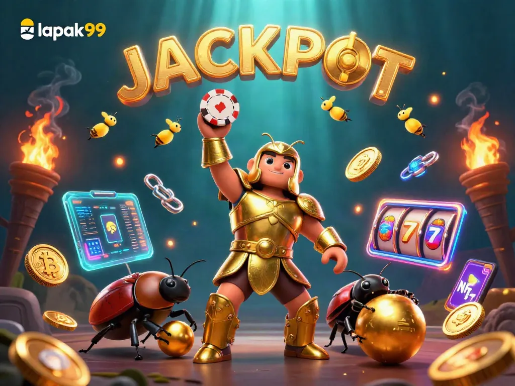 Experience the excitement of lapak99 with a dynamic gambling scene featuring cartoon beetles and casino elements.