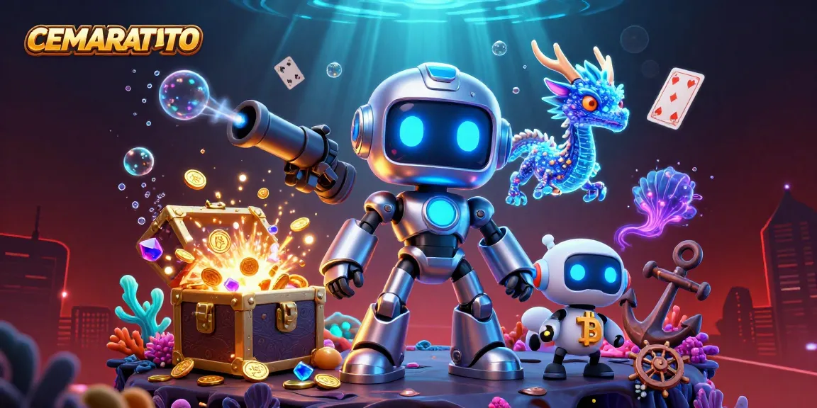 CEMARATOTO offers a vibrant casino experience featuring a cyberpunk robot and treasure details.