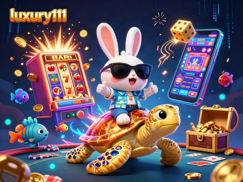 Experience luxury111 with an exciting casino scene featuring a lucky rabbit and golden turtle.