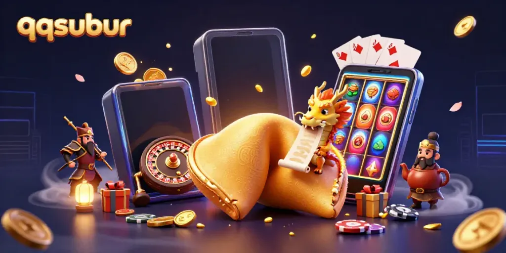 Engage in an exciting qqsubur adventure with a magical fortune cookie, dragon, and golden gaming elements.