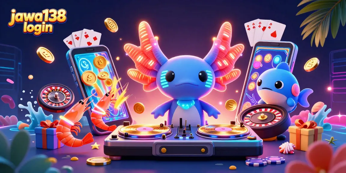 Nikmati jackpot di jawa138 login dengan ilustrasi kasino menarik dan elemen permainan slot bertema ceria.