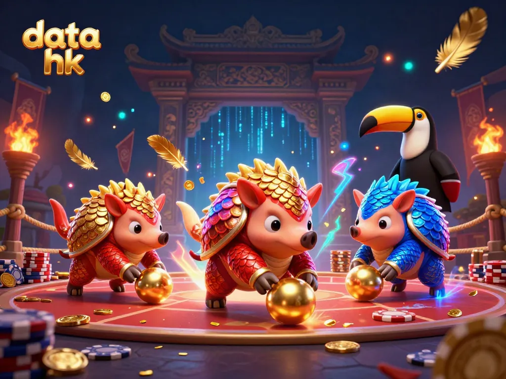 Menggulung bola emas dalam permainan togel Hongkong dengan karakter pangolin penuh warna, data hk menampilkan petunjuk kemenangan.