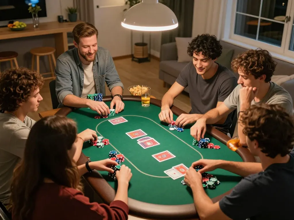 Enjoying poker night with friends using joylink free kredit in a cozy home atmosphere
