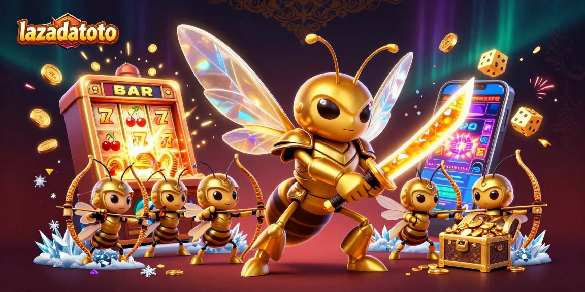 Win big with lazadatoto at this vibrant casino celebration featuring golden hornets and slot jackpots.