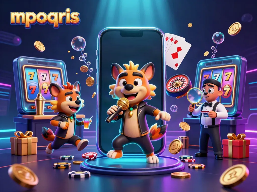 Mpoqris menghadirkan suasana kasino komedi dengan hyena lucu menyajikan slot dan kartu saat bermain.