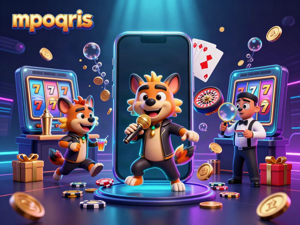Mpoqris menghadirkan suasana kasino komedi dengan hyena lucu menyajikan slot dan kartu saat bermain.