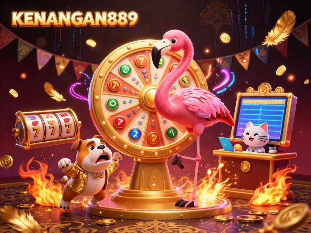 Exciting KENANGAN889 game show scene featuring a flamingo host, bulldog contestant, and prize reveal.