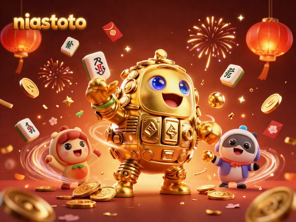 NIASTOTO menghadirkan golem emas yang beraksi di kasino, dikelilingi elemen makmur seperti koin dan lampion.