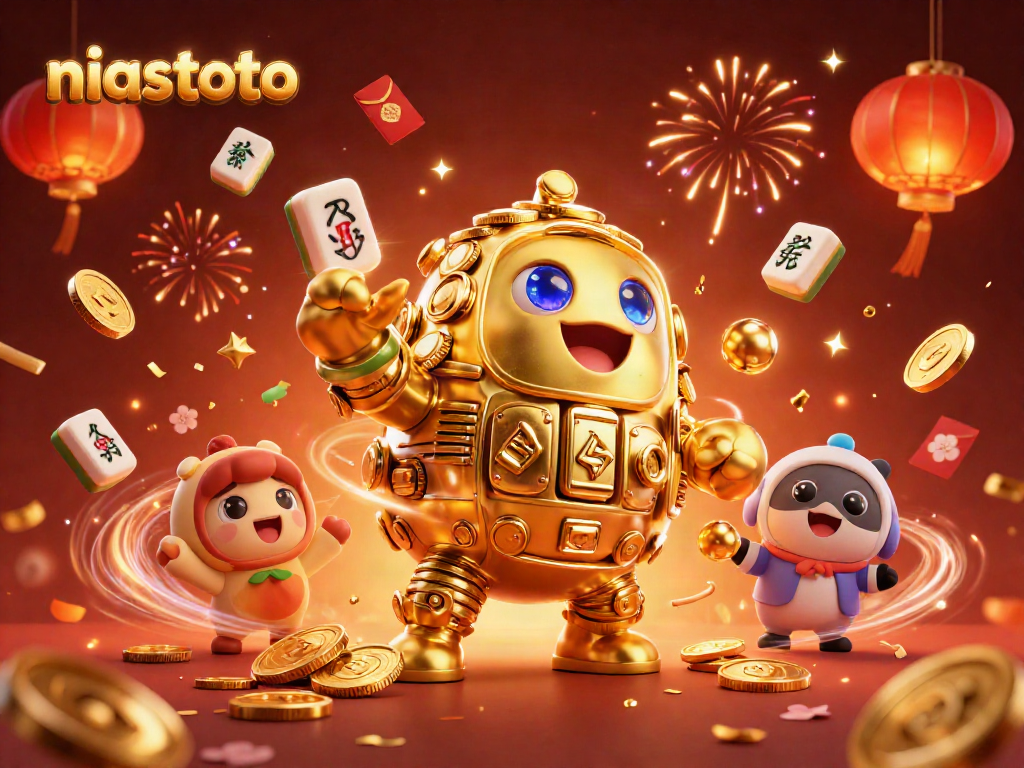 NIASTOTO menghadirkan golem emas yang beraksi di kasino, dikelilingi elemen makmur seperti koin dan lampion.