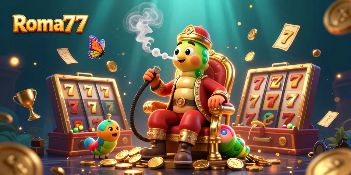 Witness the Roma77 slot experience in a vibrant 3D cartoon scene, showcasing luck and fortune in gaming.