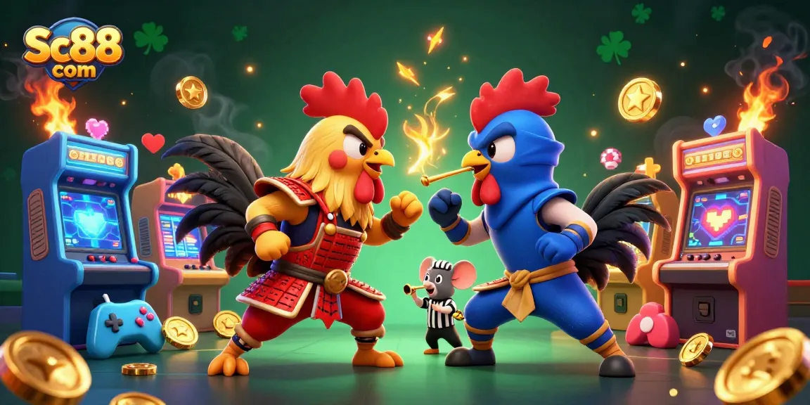 Experience thrilling gameplay with Sc88 com featuring a dramatic cockfight and vibrant casino elements.