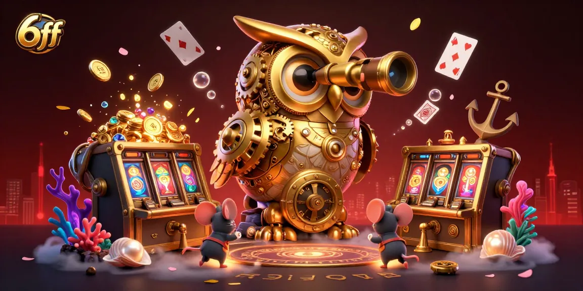 Experience the excitement of 6ff with a vibrant 3D illustration showcasing a golden owl, casino atmosphere, and captivating gameplay.