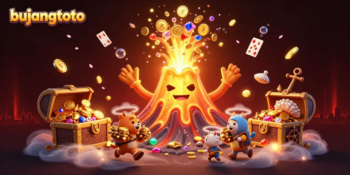 Experience the thrill at bujangtoto with a golden volcano erupting treasures in a vibrant casino world.