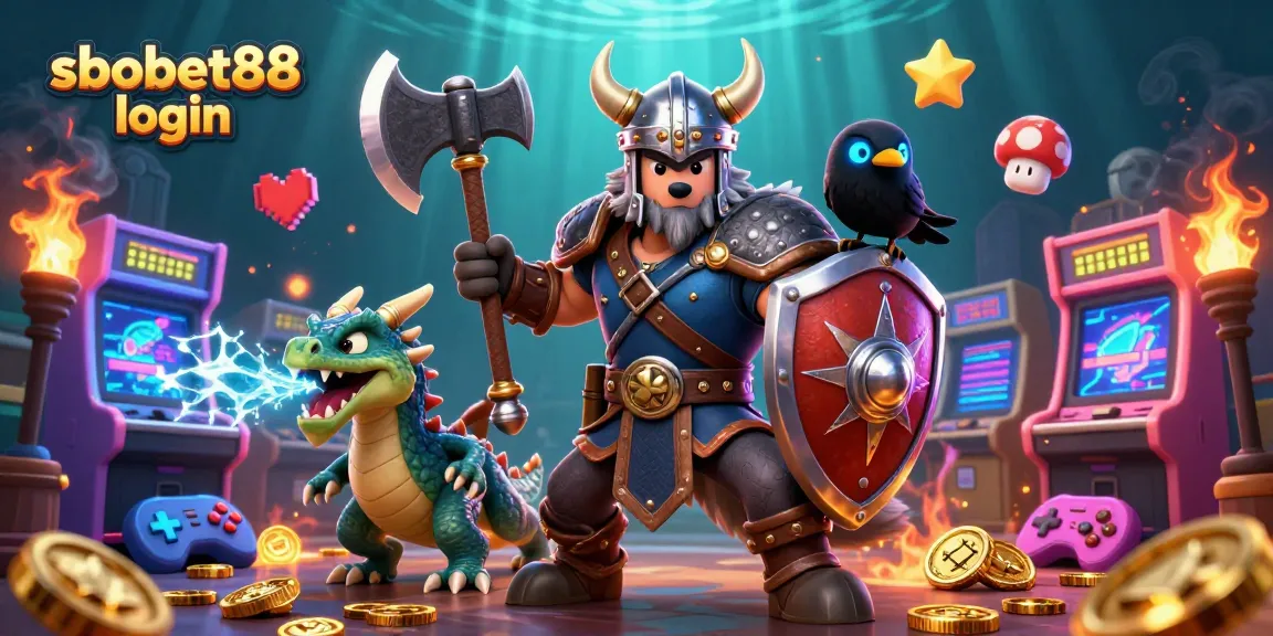 Engage with sbobet88 login through an exciting 3D fantasy scene featuring a Viking wolf warrior and vibrant gaming elements.