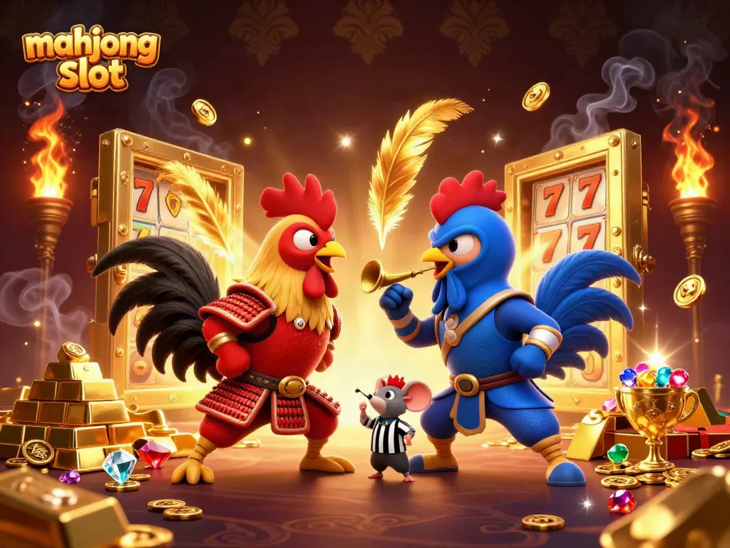 Menggambarkan pertarungan antara dua ayam jantan dalam armor, slot mahjong dan kekayaan langka menyelubungi mereka.