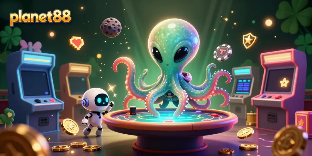 Engage in exciting gameplay at planet88 with a cartoon alien octopus at a holographic poker table.