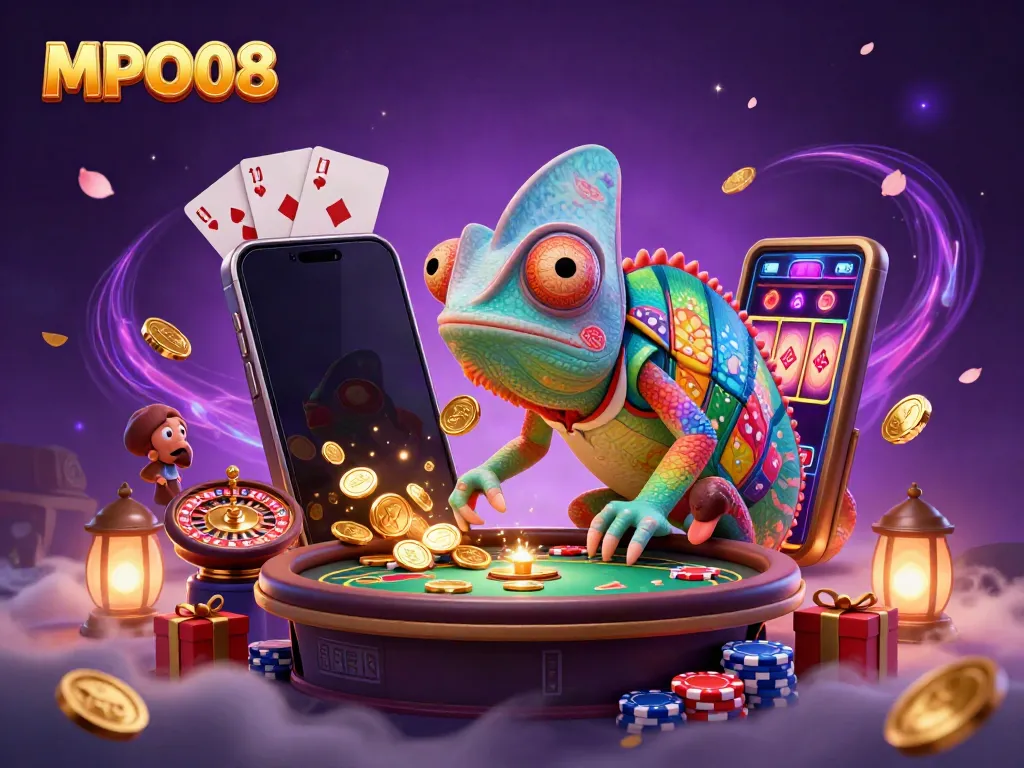 Engaging illustration of MPO08 featuring a colorful chameleon casino owner amidst dynamic gaming elements.