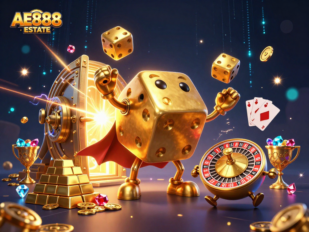 Engage with AE888 ESTATE's vibrant gaming scene featuring dynamic characters, golden treasure, and casino elements.