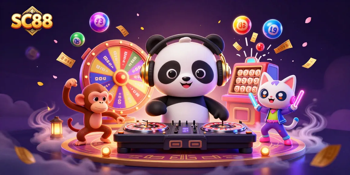 SC88 showcases a vibrant gambling scene with a DJ panda spinning roulette wheels, monkey dancing, and glowing balls flying around.
