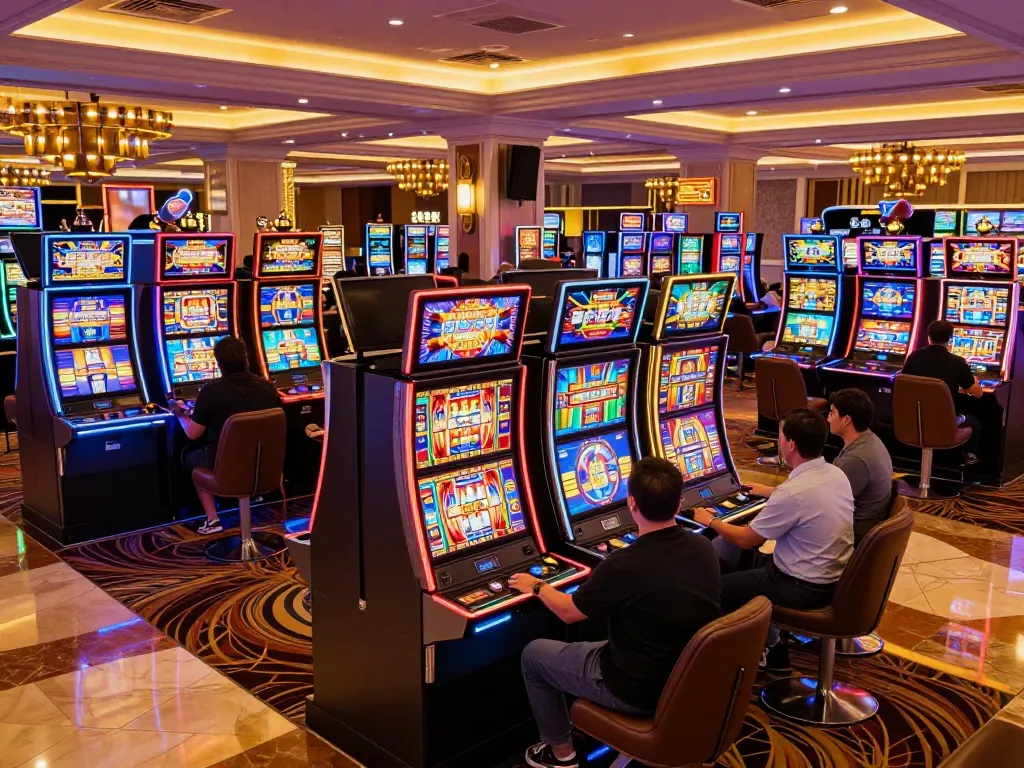 Players enjoying the Demo Slot experience at a vibrant casino, surrounded by colorful machines and lively atmosphere.