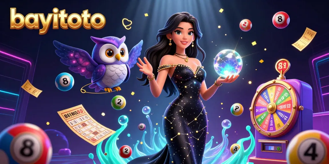 Engage with bayitoto's exciting lottery experience featuring colorful balls and a mystical scene.