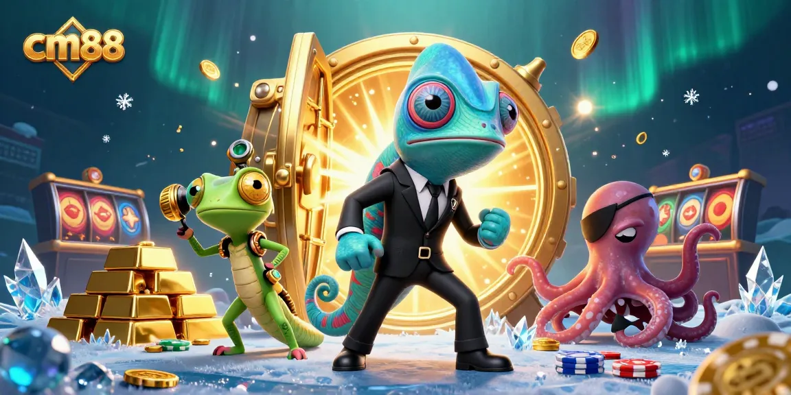 Spin slots and win jackpots with cm88, featuring a colorful illustration of a casino adventure.