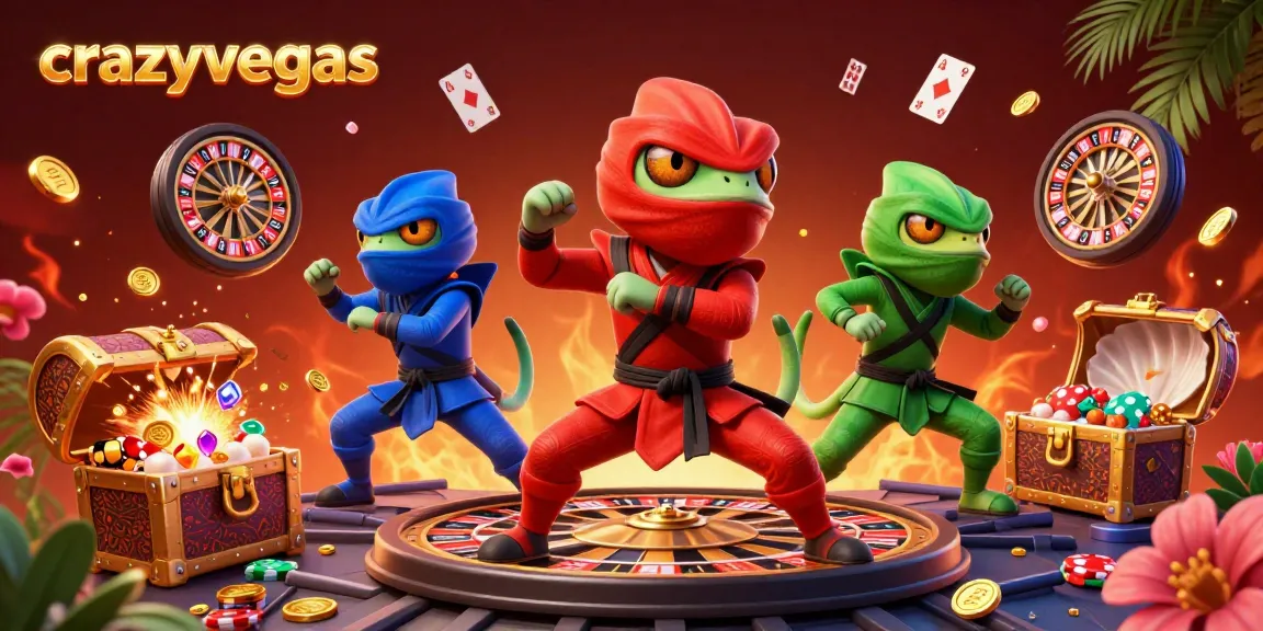 Experience the excitement of roulette with crazyvegas' vibrant 3D illustration showcasing chameleons amidst colorful casino elements.
