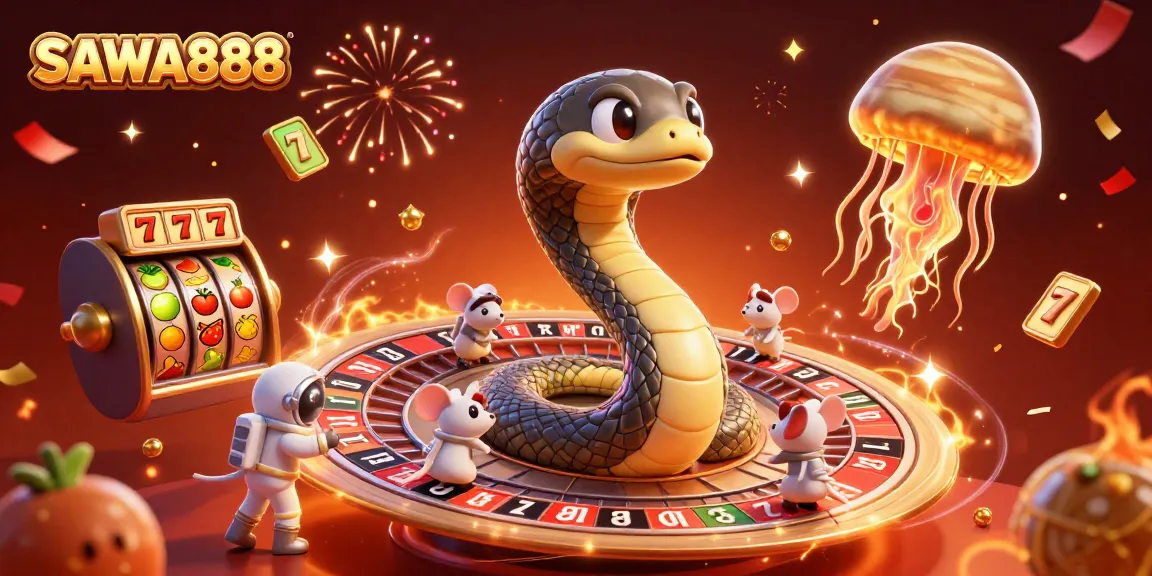 Engaging SAWA888 promotional illustration featuring a cosmic gambling scene with vibrant elements.