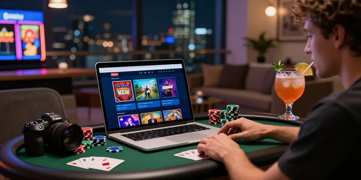 Engaging digital gaming atmosphere depicting situs raffi ahmad with vibrant screens and a thoughtful player.