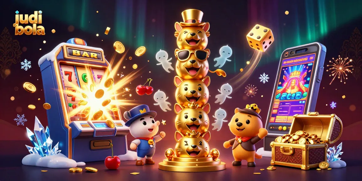 Judi bola dengan visual dinamis, menampilkan totem emas dan mesin slot yang memancarkan koin.
