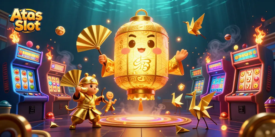 Spin the reels and win big with Atas Slot's vibrant casino illustration showcasing animated characters and colorful gameplay.