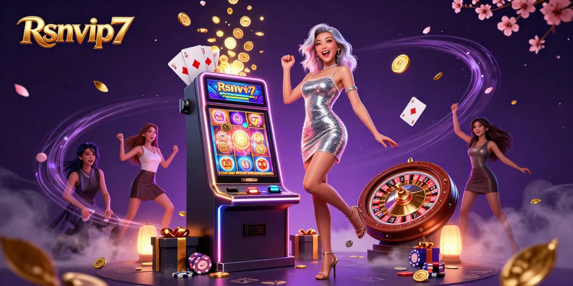 Rasakan keseruan dengan Rsnvip7, menampilkan wanita menakjubkan di mesin slot jackpot di tengah elemen kasino yang berputar.