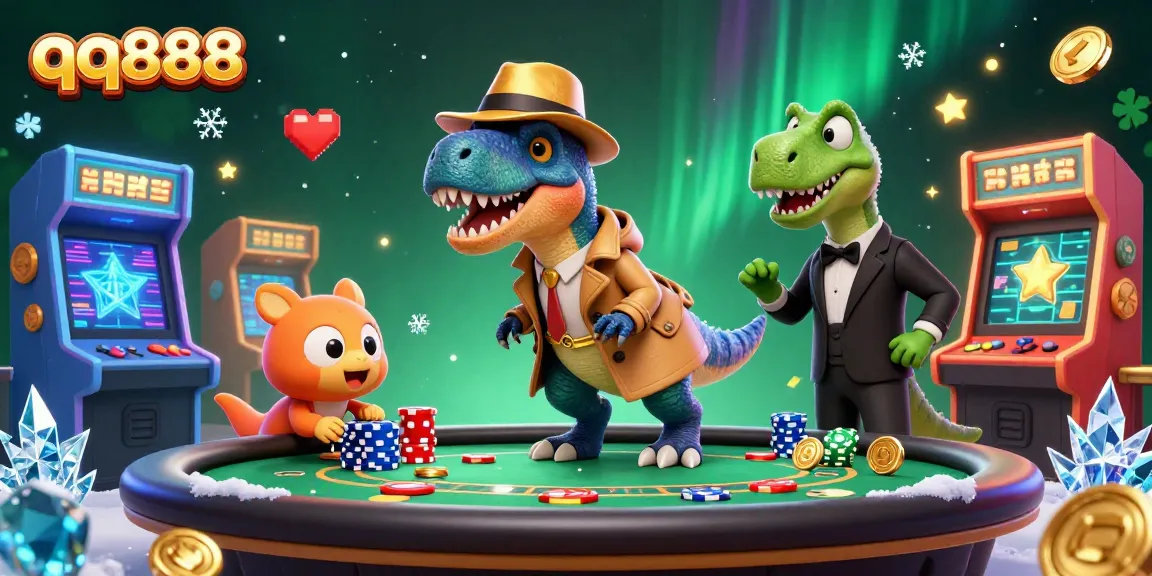 Bet big with qq888 and enjoy a vibrant casino experience featuring a velociraptor card counter and colorful game elements.