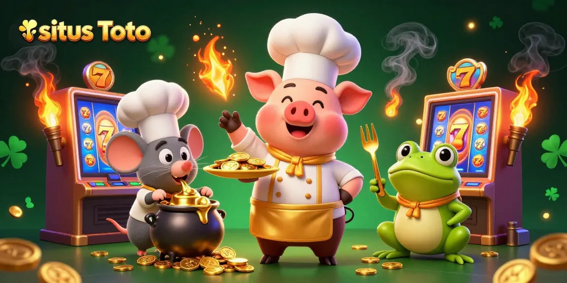 Engage in the excitement of situs Toto with this vibrant casino-themed illustration featuring a chef pig and friends.