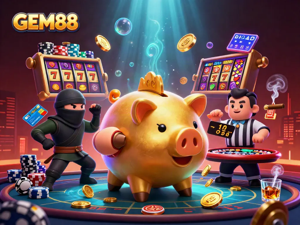 Engaging GEM88 online casino scene with a golden piggy bank sumo wrestler, wallet-ninja, and samurai referee amidst exciting slot reels.