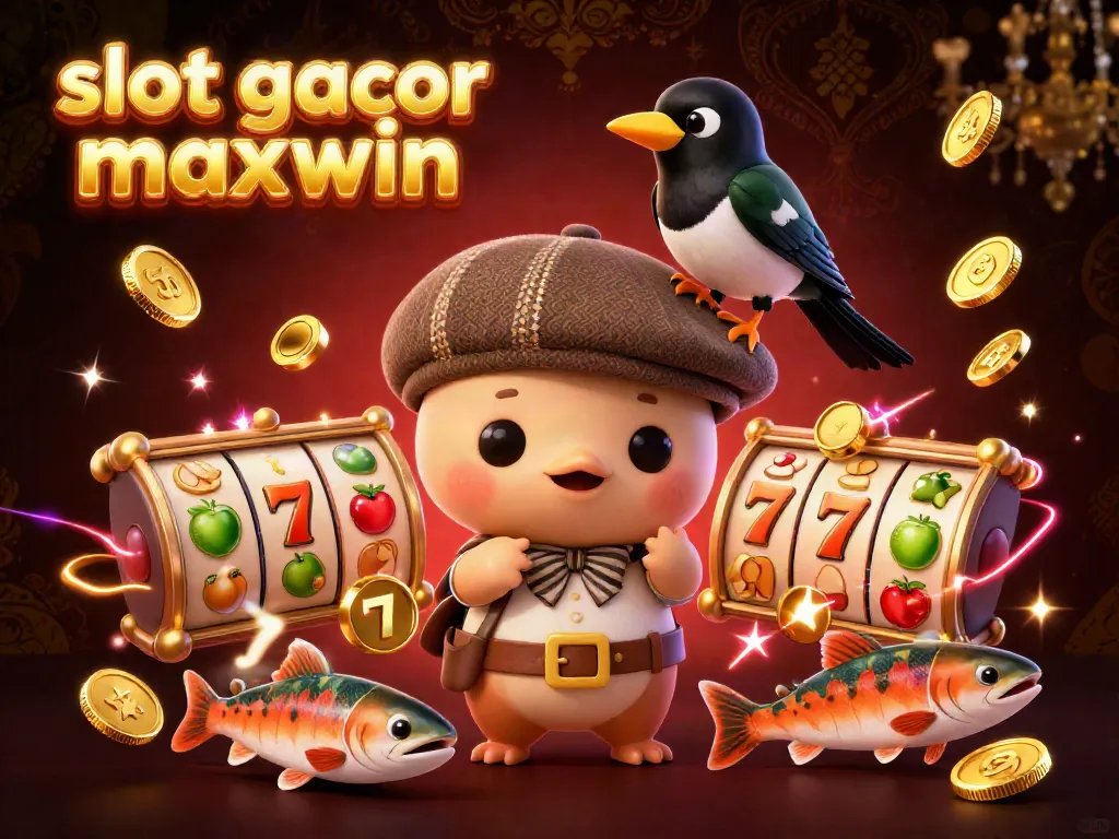 Engage with the fun scene of slot gacor maxwin featuring a playful Nessie with a magpie and salmon, set in a vibrant casino atmosphere.