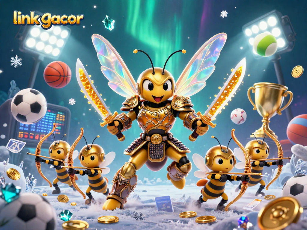 Engage with the link gacor scene of a golden hornet samurai commanding bee archers amidst vibrant sports action.