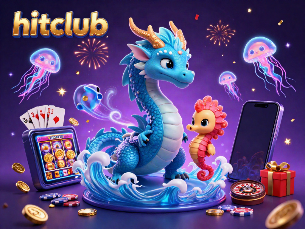 Experience vibrant gaming excitement with hitclub's colorful 3D casino scene featuring dragons and slot games.