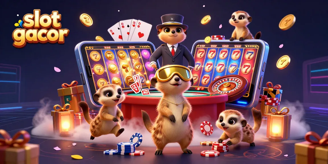 Meerkat mengoperasikan kasino dengan slot gacor dan chip bertebaran di sekitarnya.