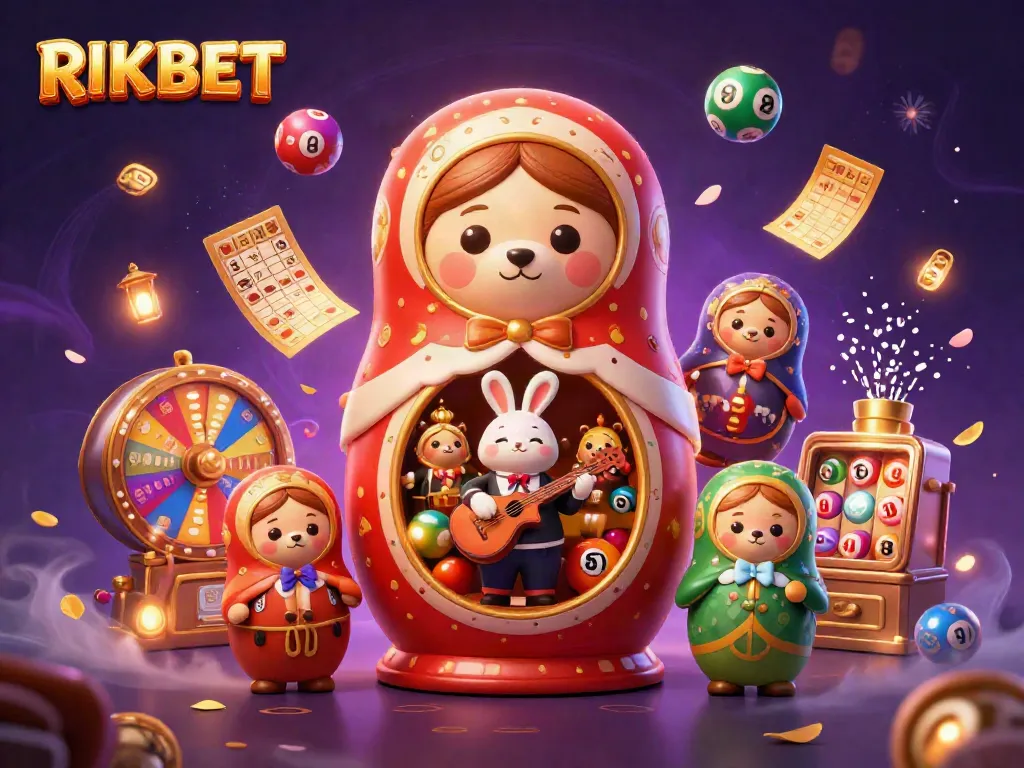 Experience RIKBET's vibrant casino scene with colorful lottery balls, dynamic elements, and a cheerful ambiance.