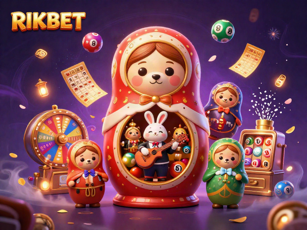 Experience RIKBET's vibrant casino scene with colorful lottery balls, dynamic elements, and a cheerful ambiance.