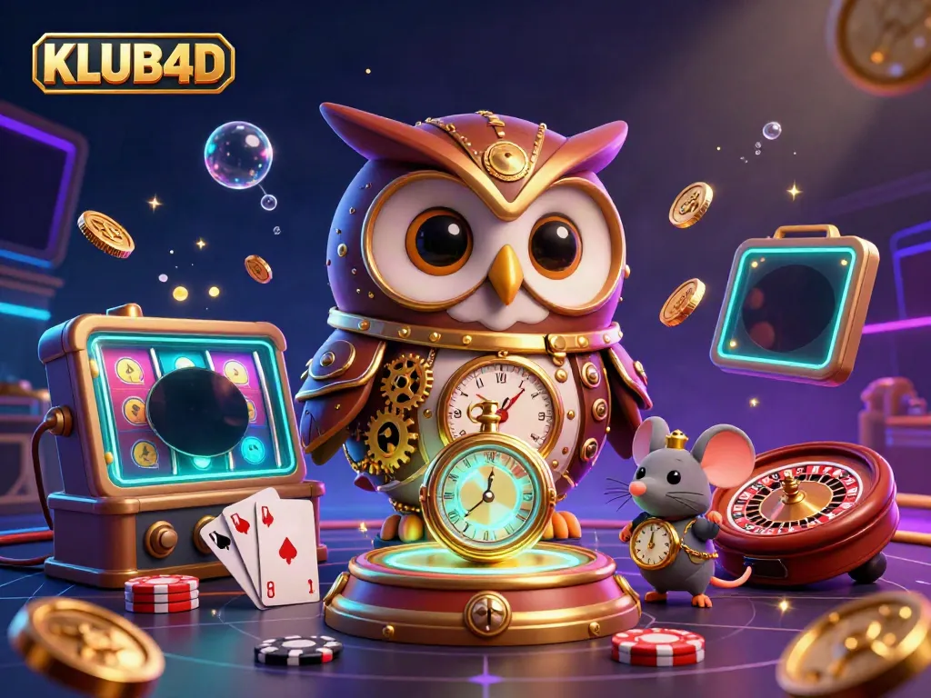 Gambarkan KLUB4D dengan karakter burung hantu pelancong dalam gaya steampunk di kasino yang ramai.