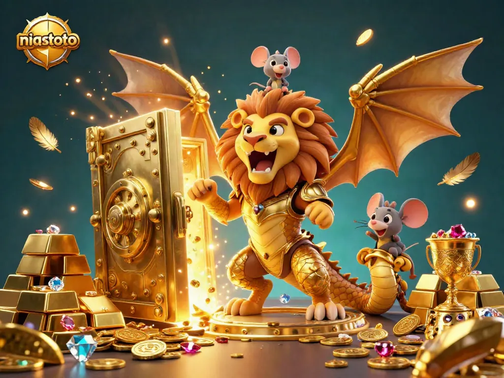 NIASTOTO offers a vibrant gaming experience with golden treasures and stunning characters in an engaging casino setting.