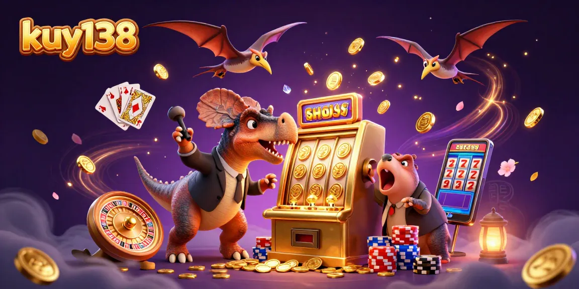 Gambarkan karakter kuy138 dengan dinosaurus 3D menghadapi mesin slot, menghasilkan koin jackpot yang mengagumkan.