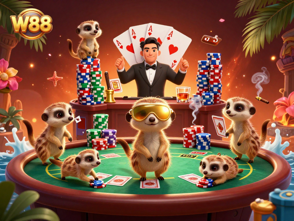 W88 meerkats manage a vibrant casino scene, showcasing excitement and stellar gameplay.